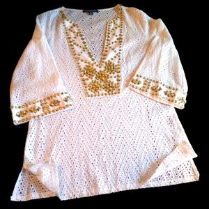 Juliette Eyelet Bejeweled Rhinestone Tunic Top Swim Coverup Women Size Medium